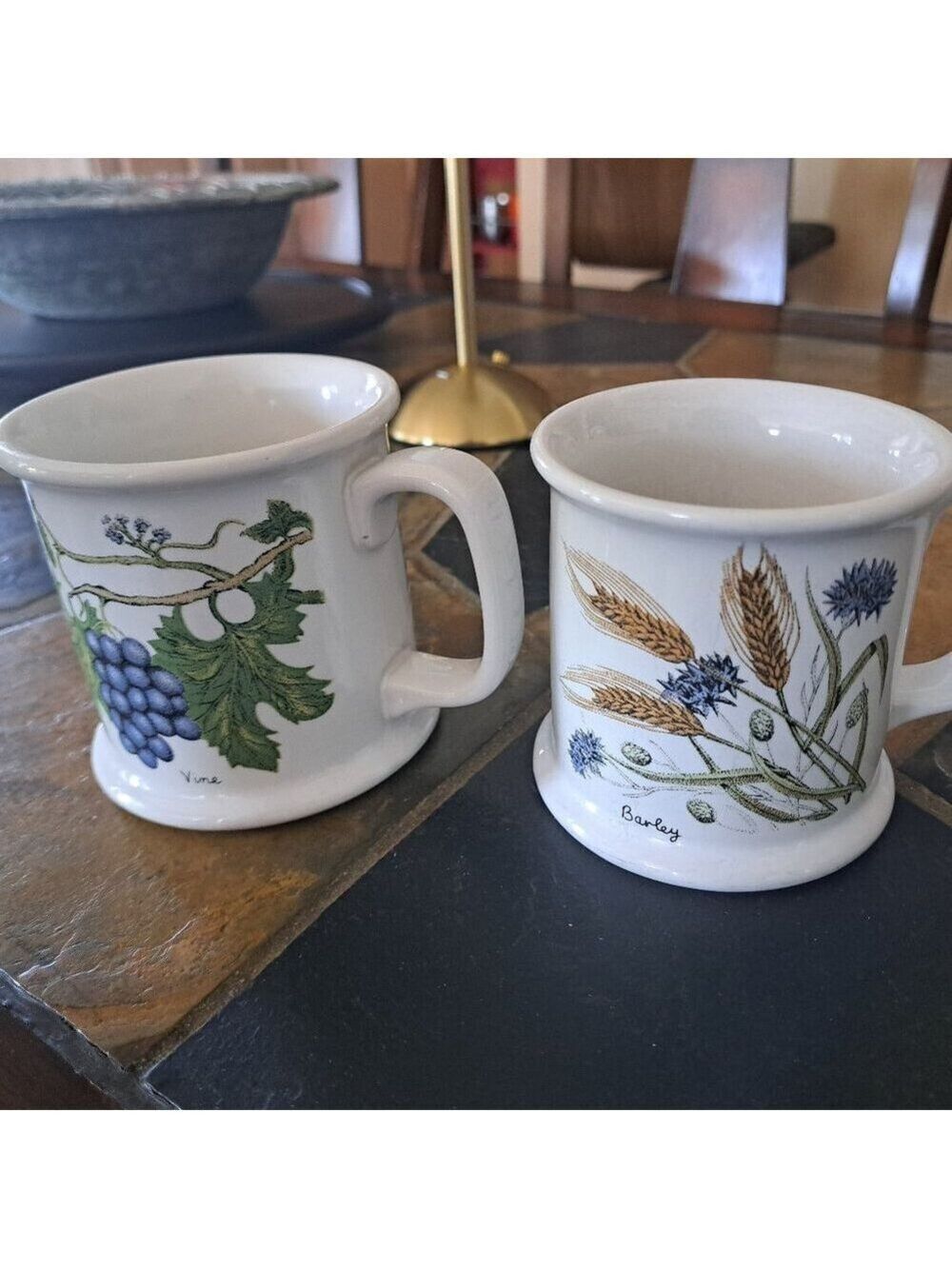 Two VTG LAUFFER mugs Barley Vine Coffee Cups Grain grape vines 12oz stoneware
